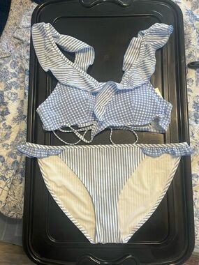 NWT aerie Blue & White Striped Ruffle Bikini Top
